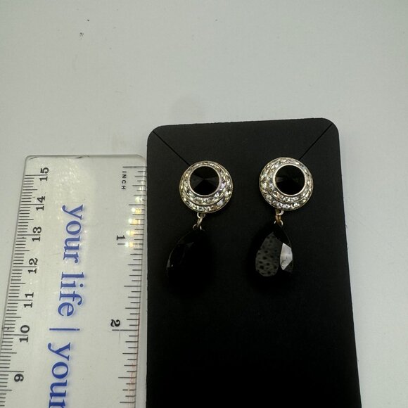 Vintage-Style Gold & Black Teardrop Dangle Earrings With Rhinestone Accents - Picture 3 of 5